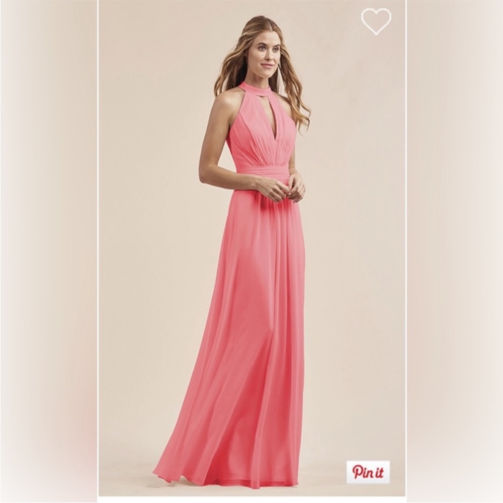 B2 Jasmine bridesmaid coral dress poly chiffon long Halter neckline Maxi Sz 12